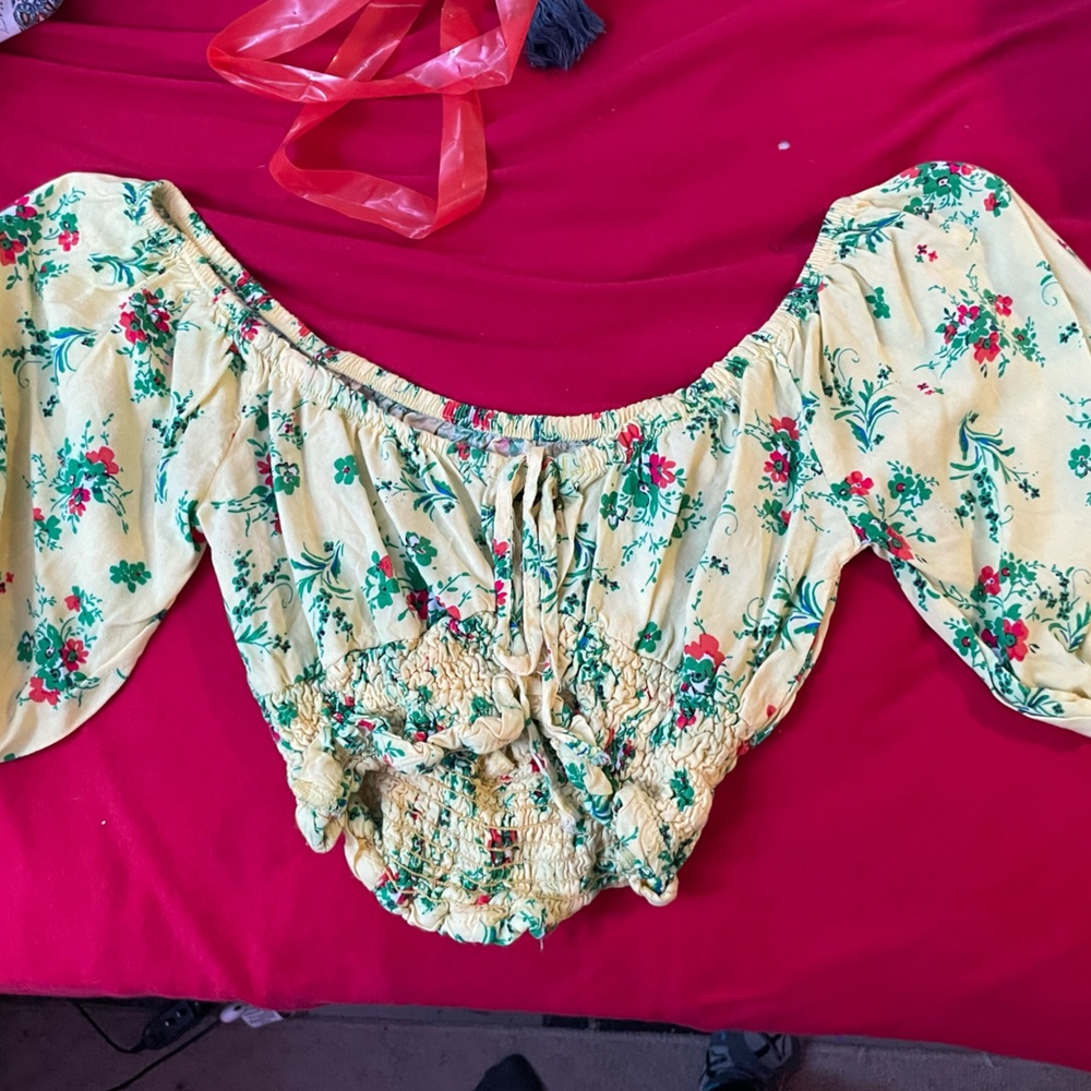 Crop top/blouse, Iky&Me, small, yellow with red, green, and orange flowers.